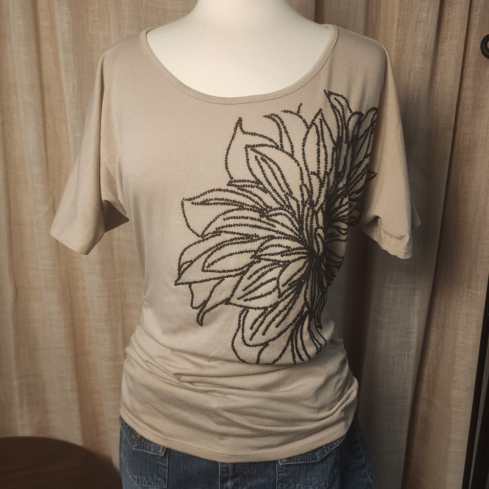 Espresso Womens Small Beaded Floral Ruched Top Beige Dolman Boho Y2K